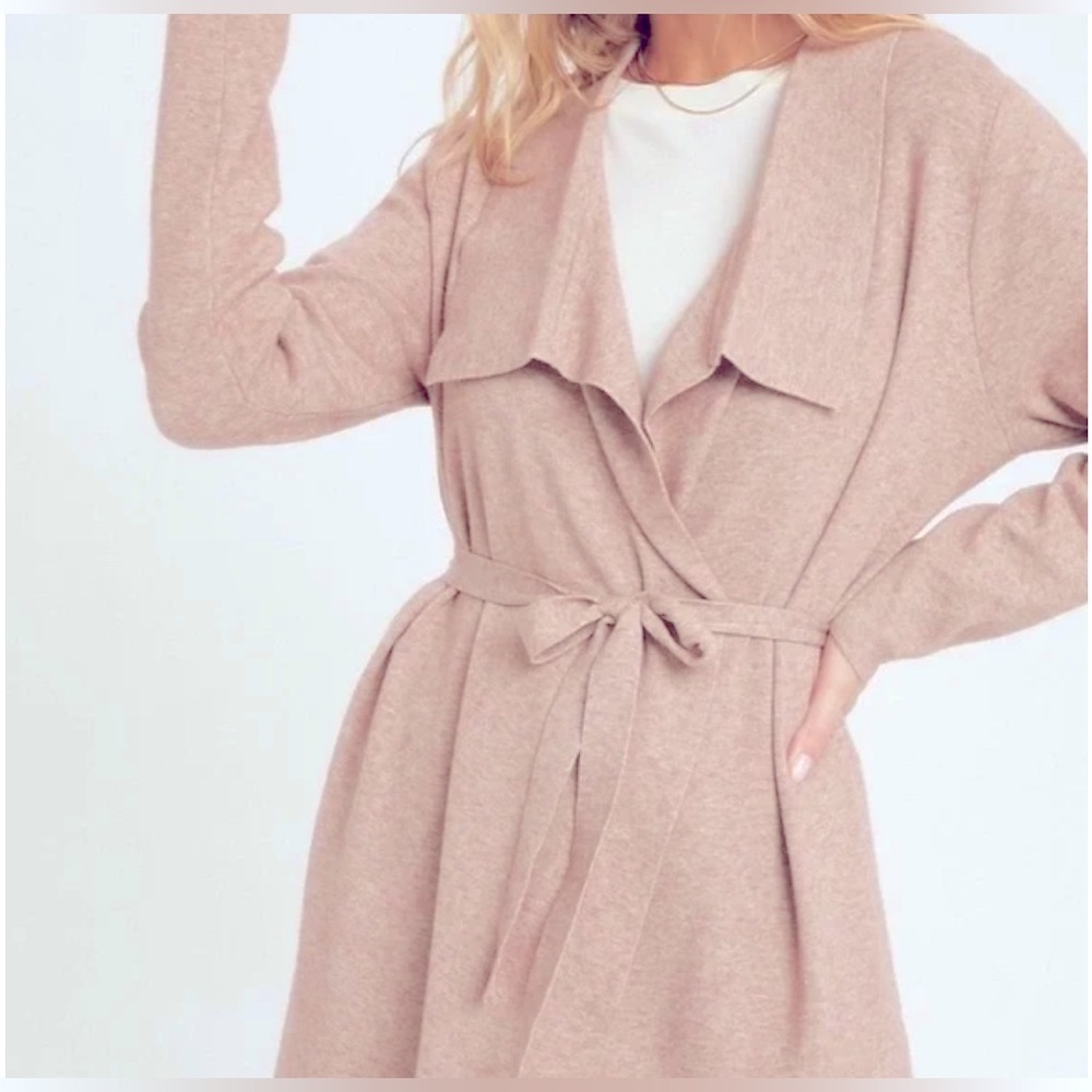 Blu Ivy Boutique Brand Long Drape Front Trench Style Blush Belt Cardigan S NWOT